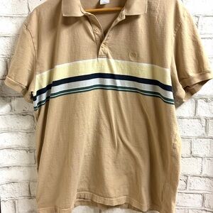 TNA Men's Tan Polo with Cream, Navy & Forest Green Stripes Size Large